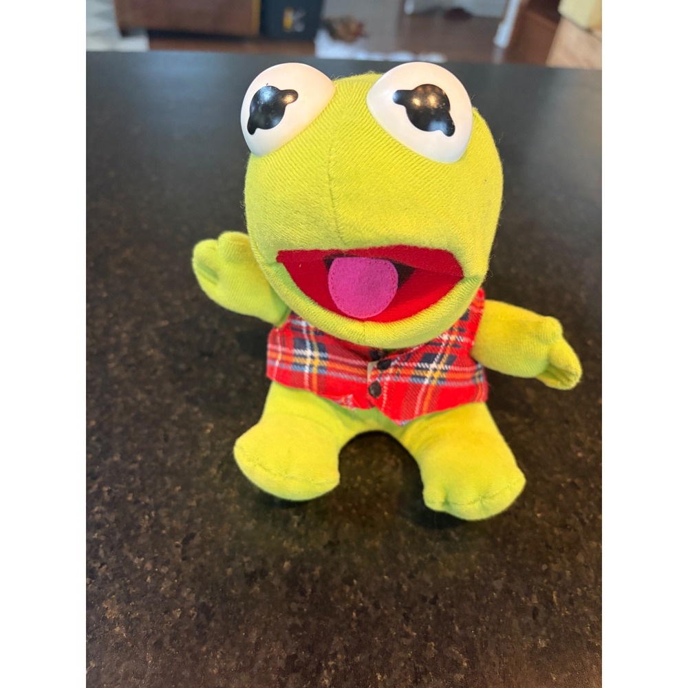 Vintage 1987 Baby Kermit Muppet Babies Plush Red Plaid Vest Henson Green Frog